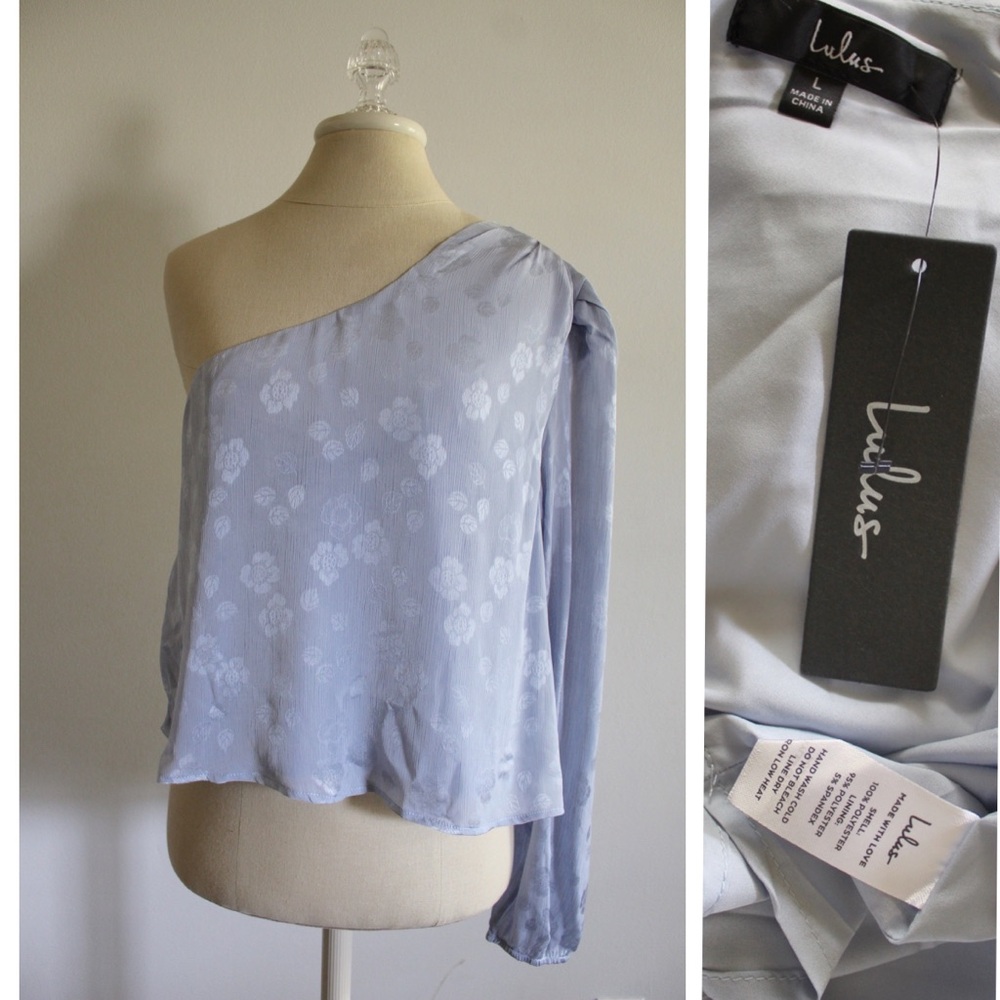 Lulus NWT Stay Lovely Dusty Blue Floral Jacquard Satin One-Shoulder Top Large - Picture 2 of 10